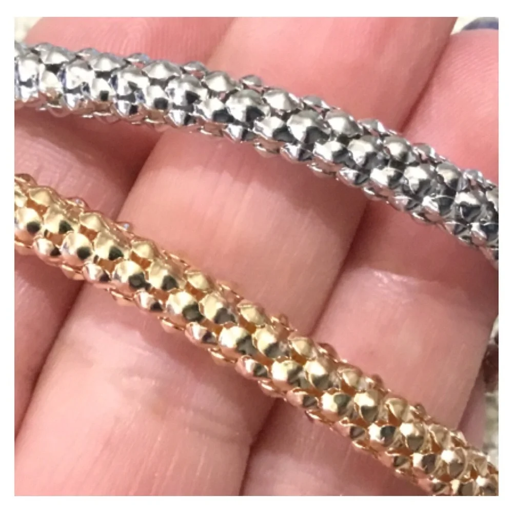 New! 2pc Gold Silver Rhinestone Heart Pendants Stretch Bracelet Set